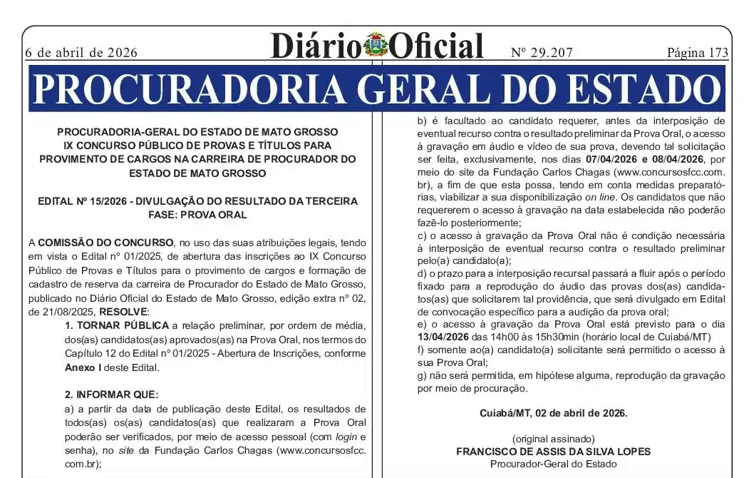 Lista de aprovados no concurso da PGE-MT